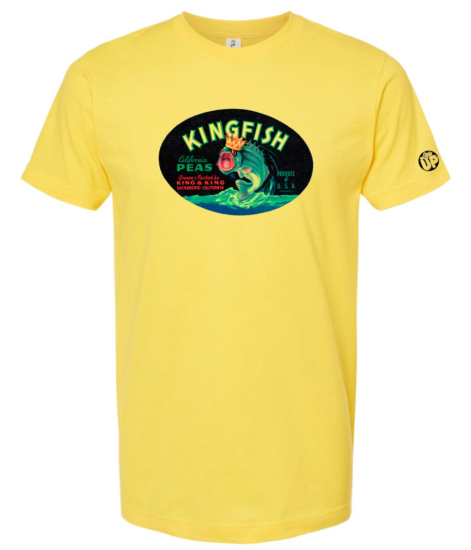 oval vintage packaging graphic with "KINGFISH" as the headline, illustration of Kingfish with crown, printed on yellow t-shirt on white background