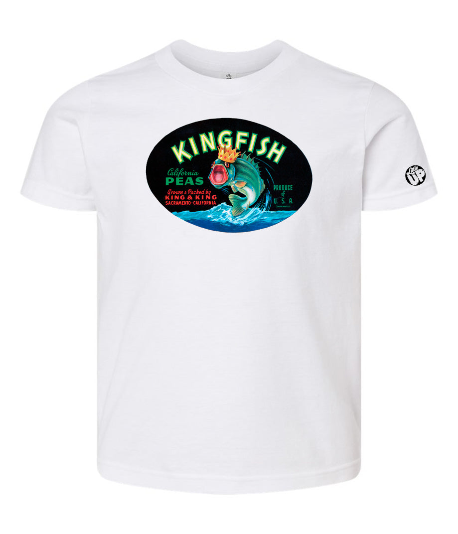 oval vintage packaging graphic with "KINGFISH" as the headline, illustration of Kingfish with crown, printed on white youth t-shirt on white background