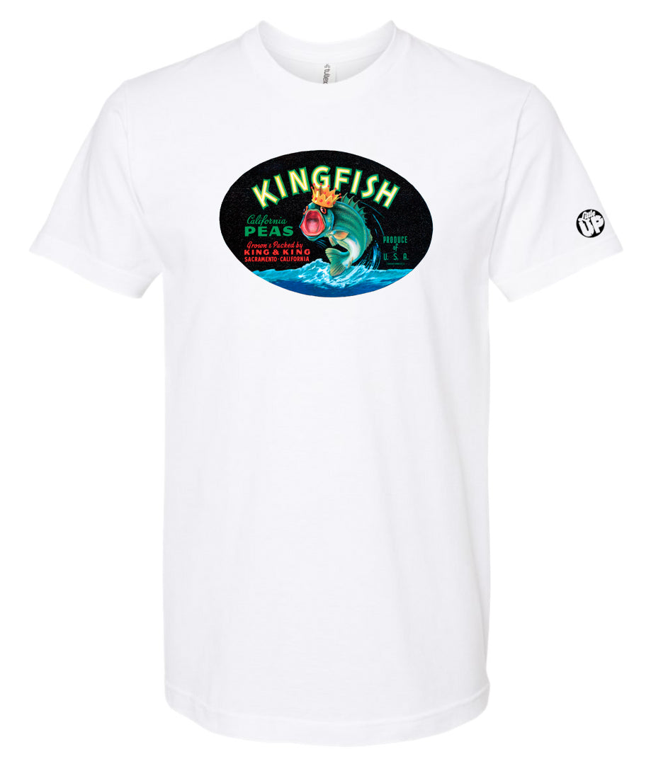 oval vintage packaging graphic with "KINGFISH" as the headline, illustration of Kingfish with crown, printed on white t-shirt on white background