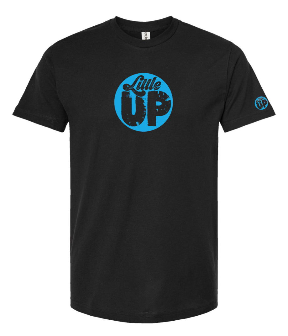 light blue circle logo with "Little" in the top third in textured seventies script and "UP" on the bottom ⅔ in modern sans serif textured font on black t-shirt on white studio background