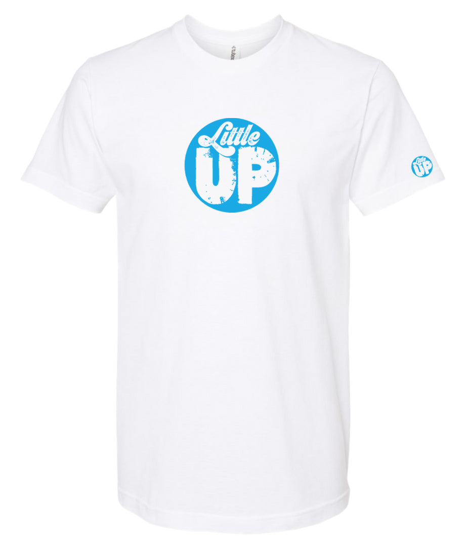 light blue circle logo with "Little" in the top third in textured seventies script and "UP" on the bottom ⅔ in modern sans serif textured font on white t-shirt on white studio background