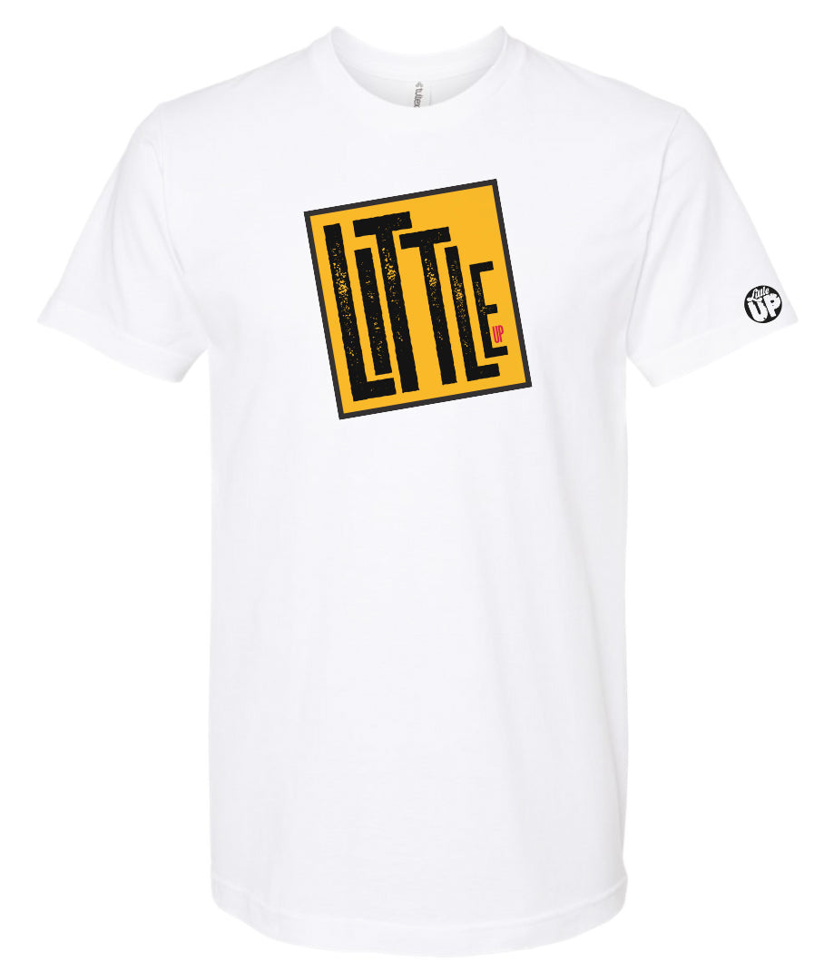 graphic in golden yellow tilted box with thick black border, "LITTLE" is very large, "UP" is very small in the lower right, printed on white tee on white background