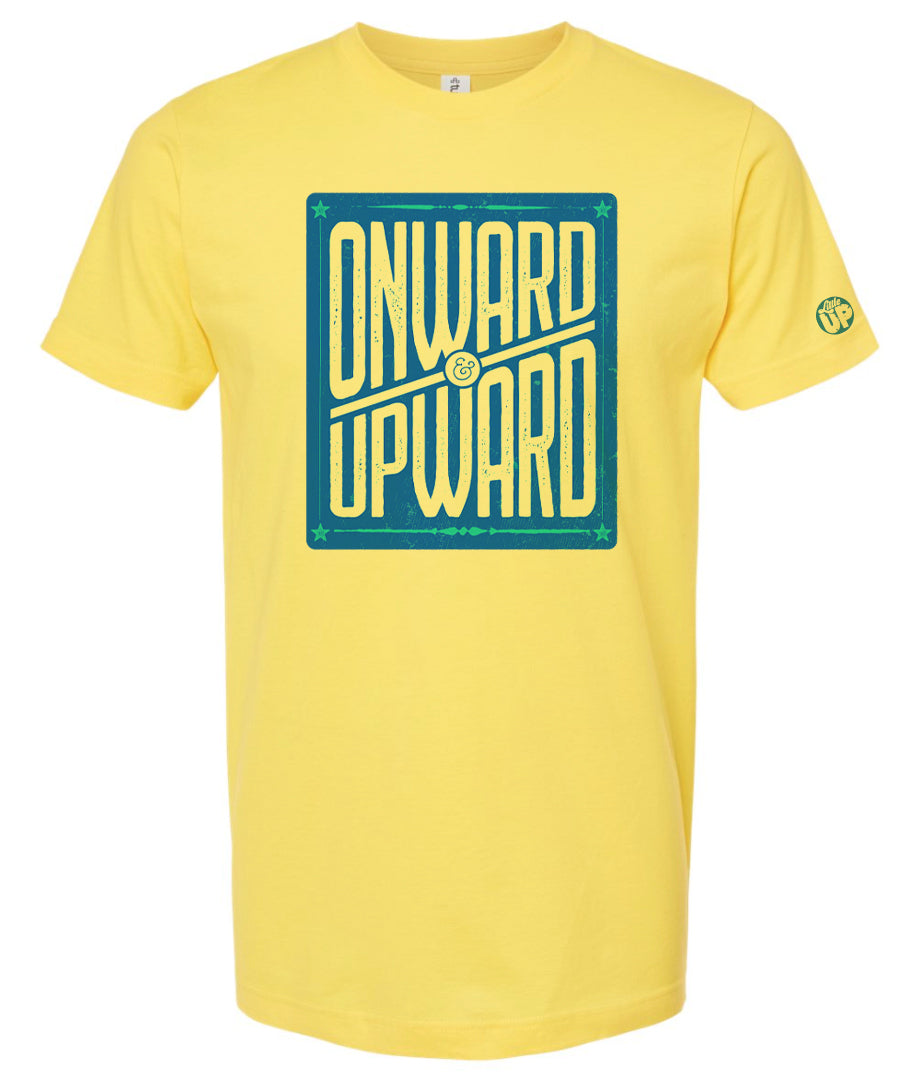 blue vertical box with "ONWARD & UPWARD" in white and stars in the corners, on yellow t-shirt