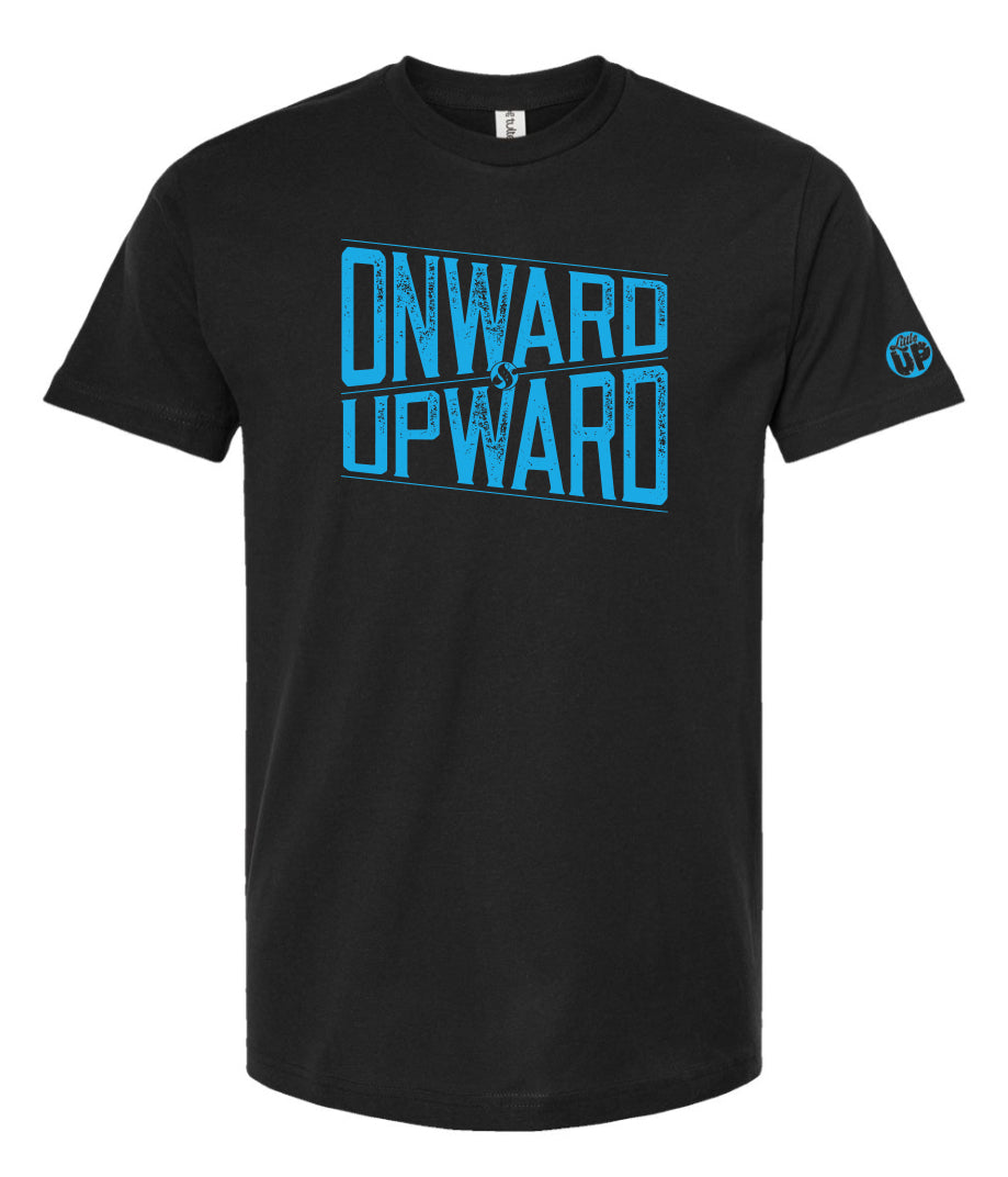 "ONWARD & UPWARD" in modern textured design in light blue on black t-shirt