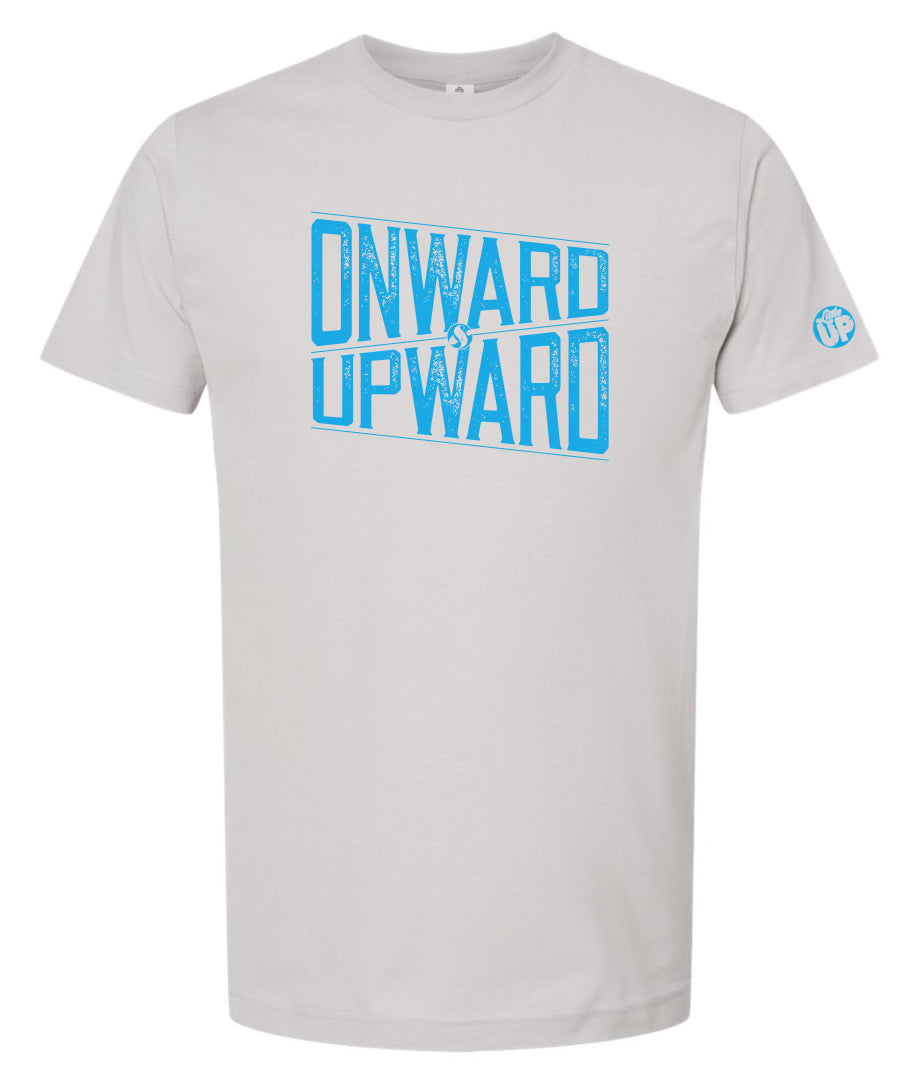 "ONWARD & UPWARD" in modern textured design in light blue on light gray t-shirt