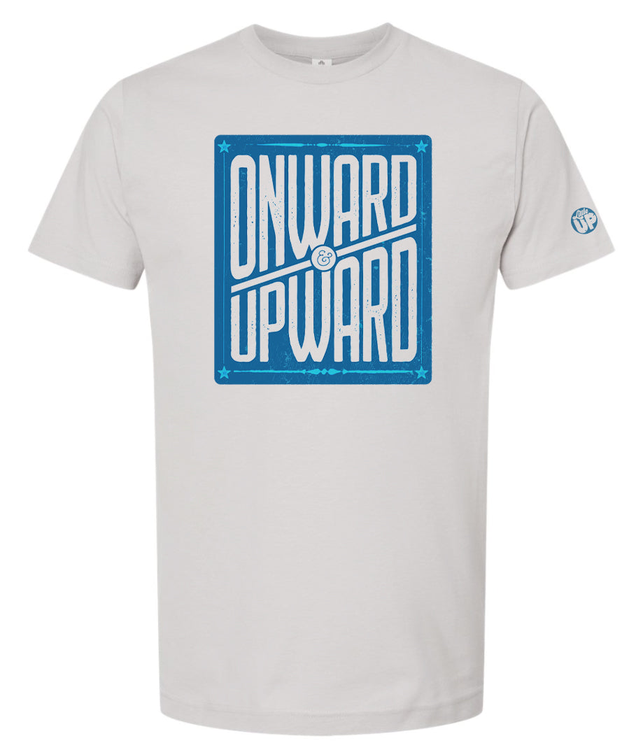 blue vertical box with "ONWARD & UPWARD" in white and stars in the corners, on white t-shirt
