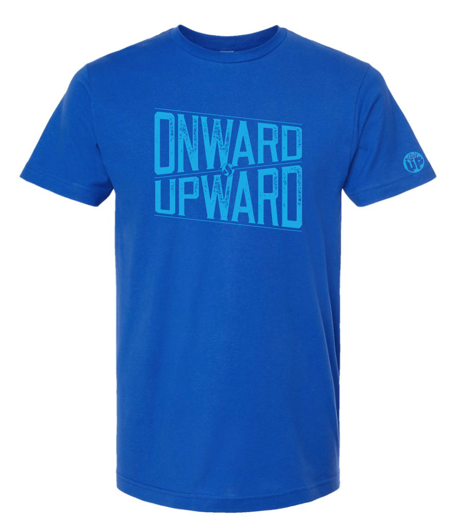 "ONWARD & UPWARD" in modern textured design in light blue on royal blue t-shirt