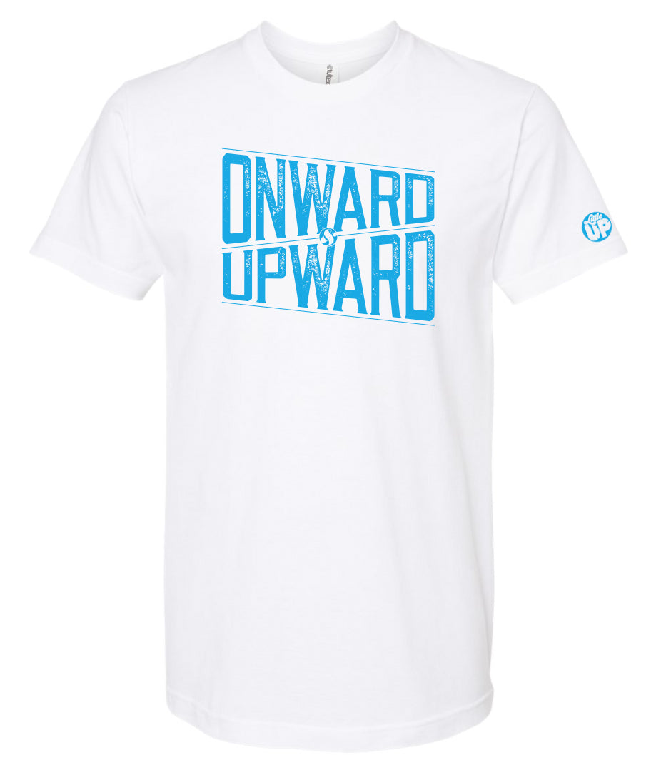 "ONWARD & UPWARD" in modern textured design in light blue on white t-shirt