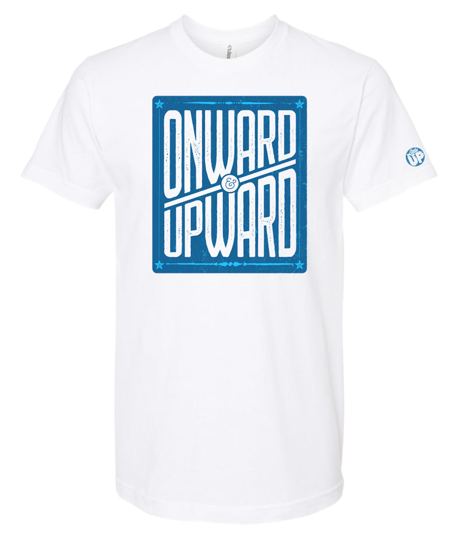blue vertical box with "ONWARD & UPWARD" in white and stars in the corners, on white t-shirt