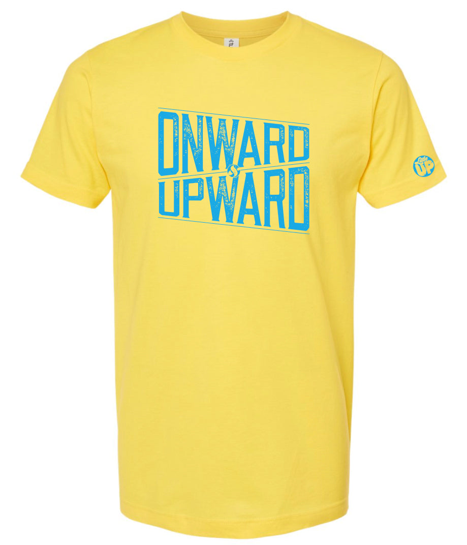 "ONWARD & UPWARD" in modern textured design in light blue on yellow t-shirt