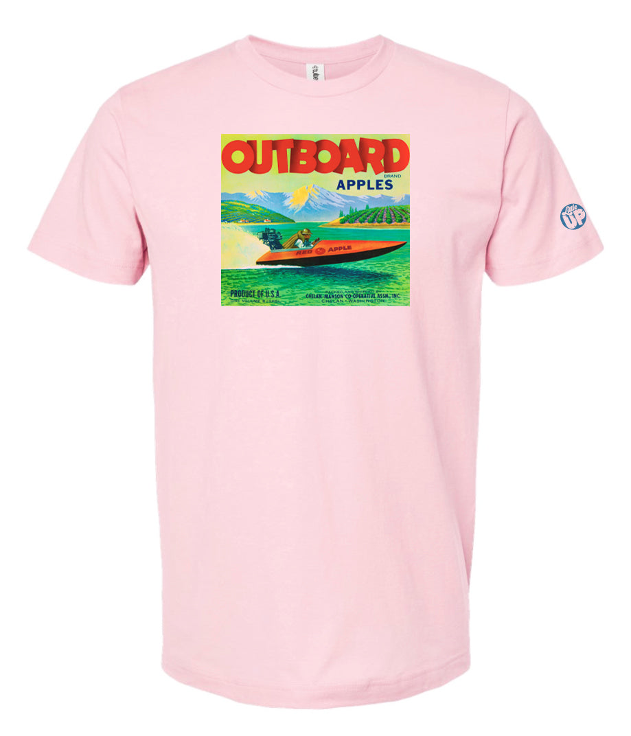 vintage packaging graphic with "OUTBOARD BRAND APPLES" as the headline, illustration of man driving speed boat, printed on pink t-shirt on white background
