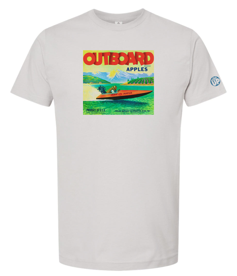 vintage packaging graphic with "OUTBOARD BRAND APPLES" as the headline, illustration of man driving speed boat, printed on light gray t-shirt on white background