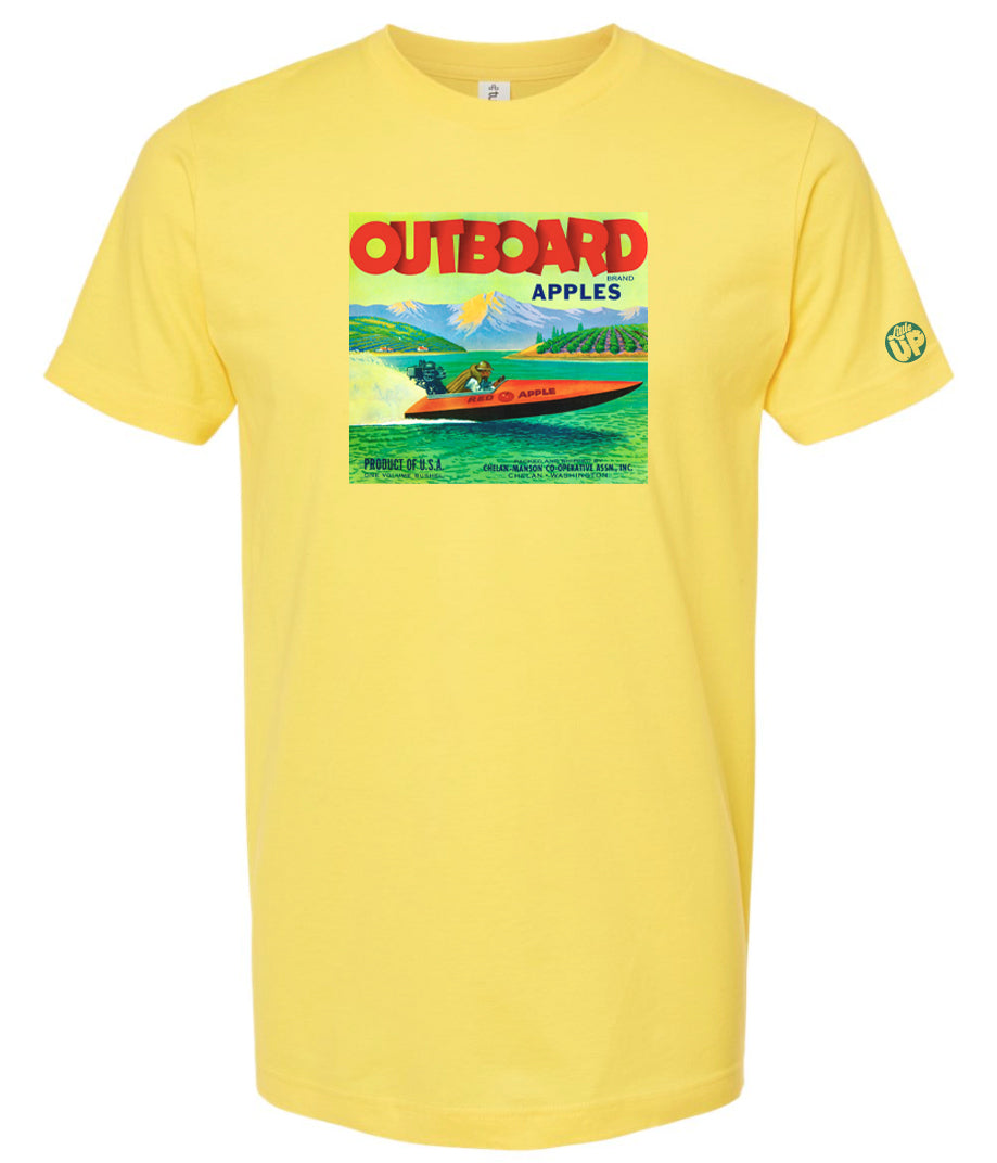 vintage packaging graphic with "OUTBOARD BRAND APPLES" as the headline, illustration of man driving speed boat, printed on yellow t-shirt on white background