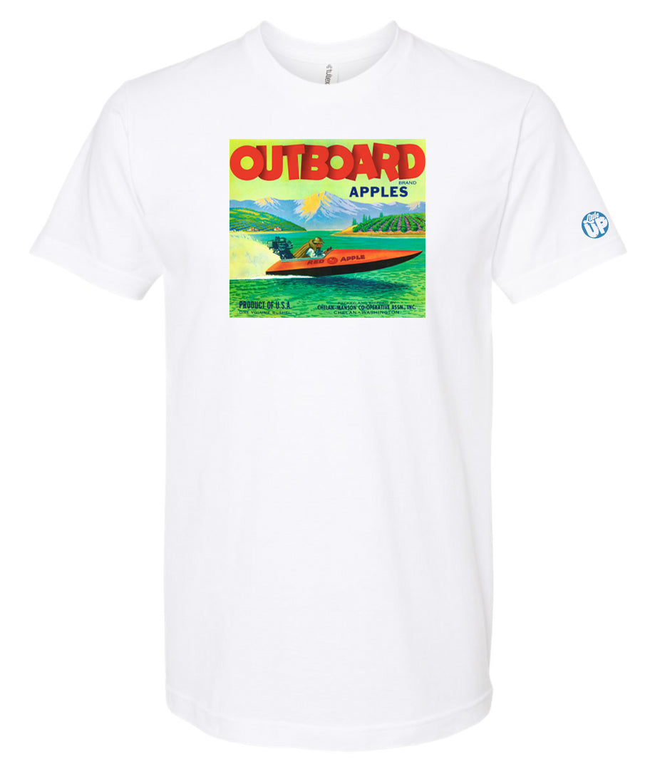 vintage packaging graphic with "OUTBOARD BRAND APPLES" as the headline, illustration of man driving speed boat, printed on white t-shirt on white background