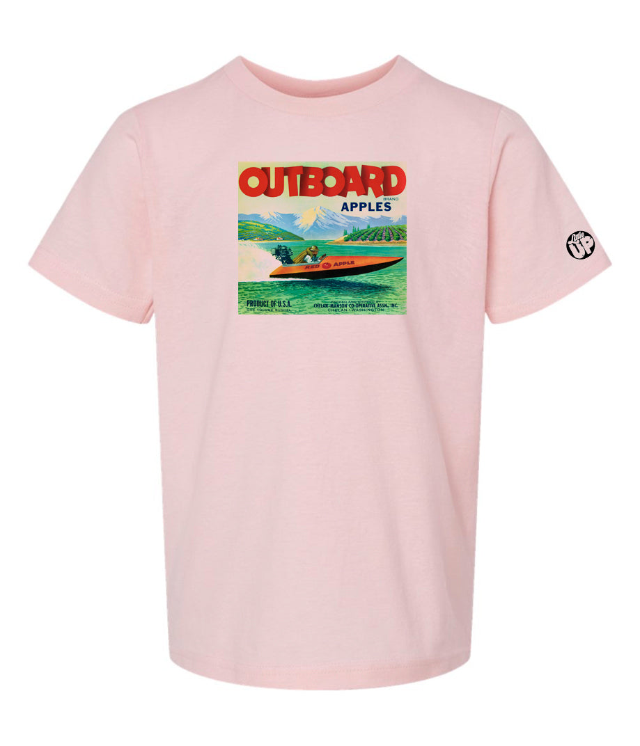 vintage packaging graphic with "OUTBOARD BRAND APPLES" as the headline, illustration of man driving speed boat, printed on pink youth t-shirt on white background