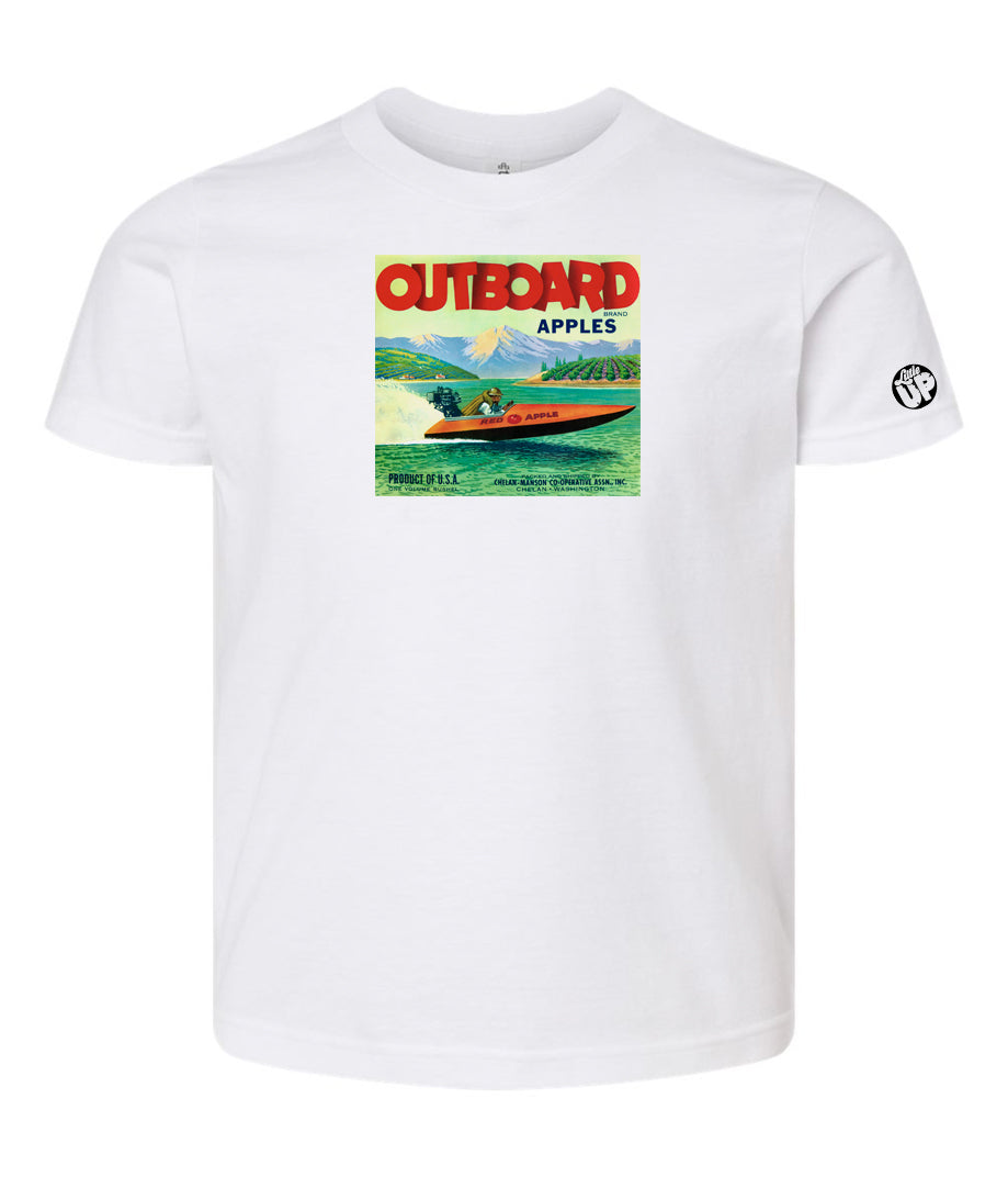 vintage packaging graphic with "OUTBOARD BRAND APPLES" as the headline, illustration of man driving speed boat, printed on white youth t-shirt on white background