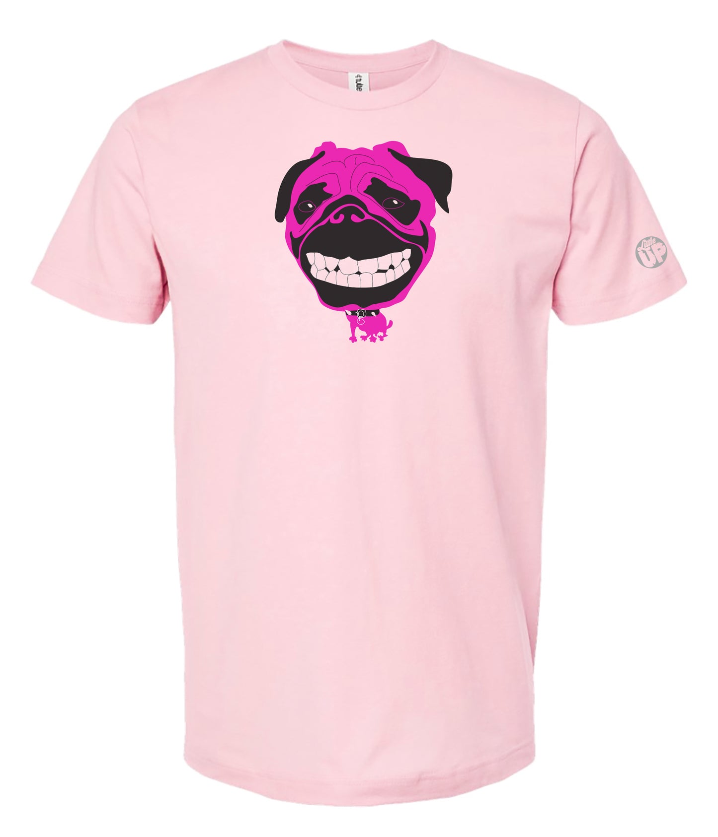 Pink t-shirt with a graphic of a dog's face wearing a pink helmet on a white background