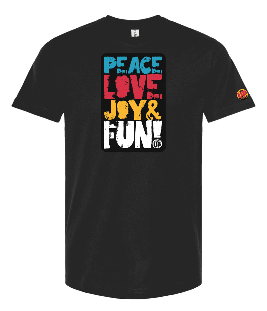 "PEACE LOVE JOY AND FUN!" in modern textured sans serif font in blue, red, golden yellow and white on black rectangle big on black t-shirt on white background