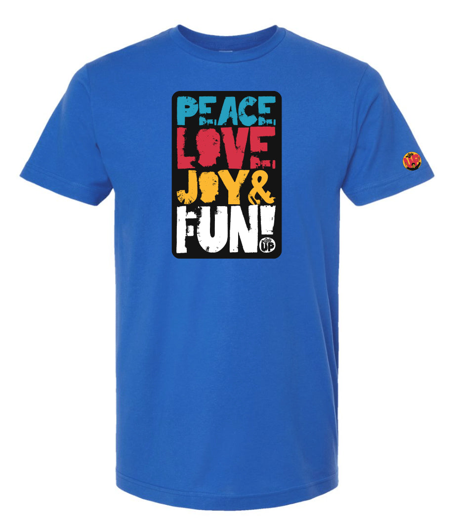 "PEACE LOVE JOY AND FUN!" in modern textured sans serif font in blue, red, golden yellow and white on black rectangle big on royal blue t-shirt on white background