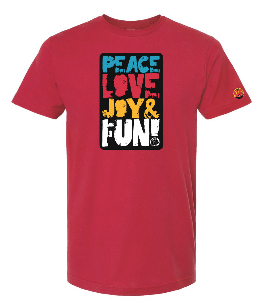 "PEACE LOVE JOY AND FUN!" in modern textured sans serif font in blue, red, golden yellow and white on black rectangle big on red t-shirt on white background