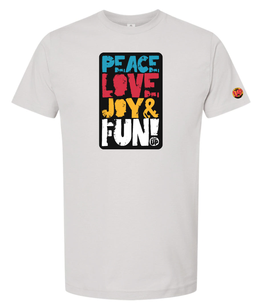 "PEACE LOVE JOY AND FUN!" in modern textured sans serif font in blue, red, golden yellow and white on black rectangle big on light gray t-shirt on white background