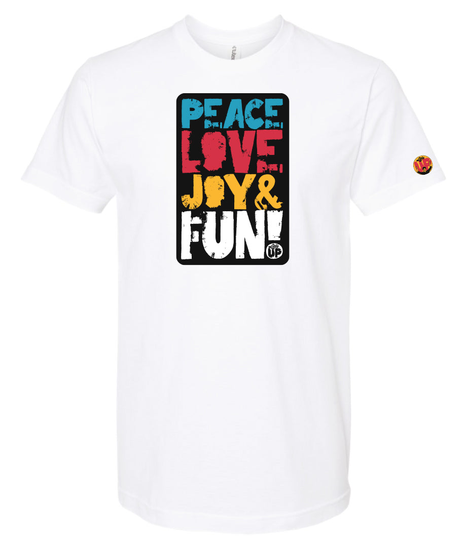 "PEACE LOVE JOY AND FUN!" in modern textured sans serif font in blue, red, golden yellow and white on black rectangle big on white t-shirt on white background