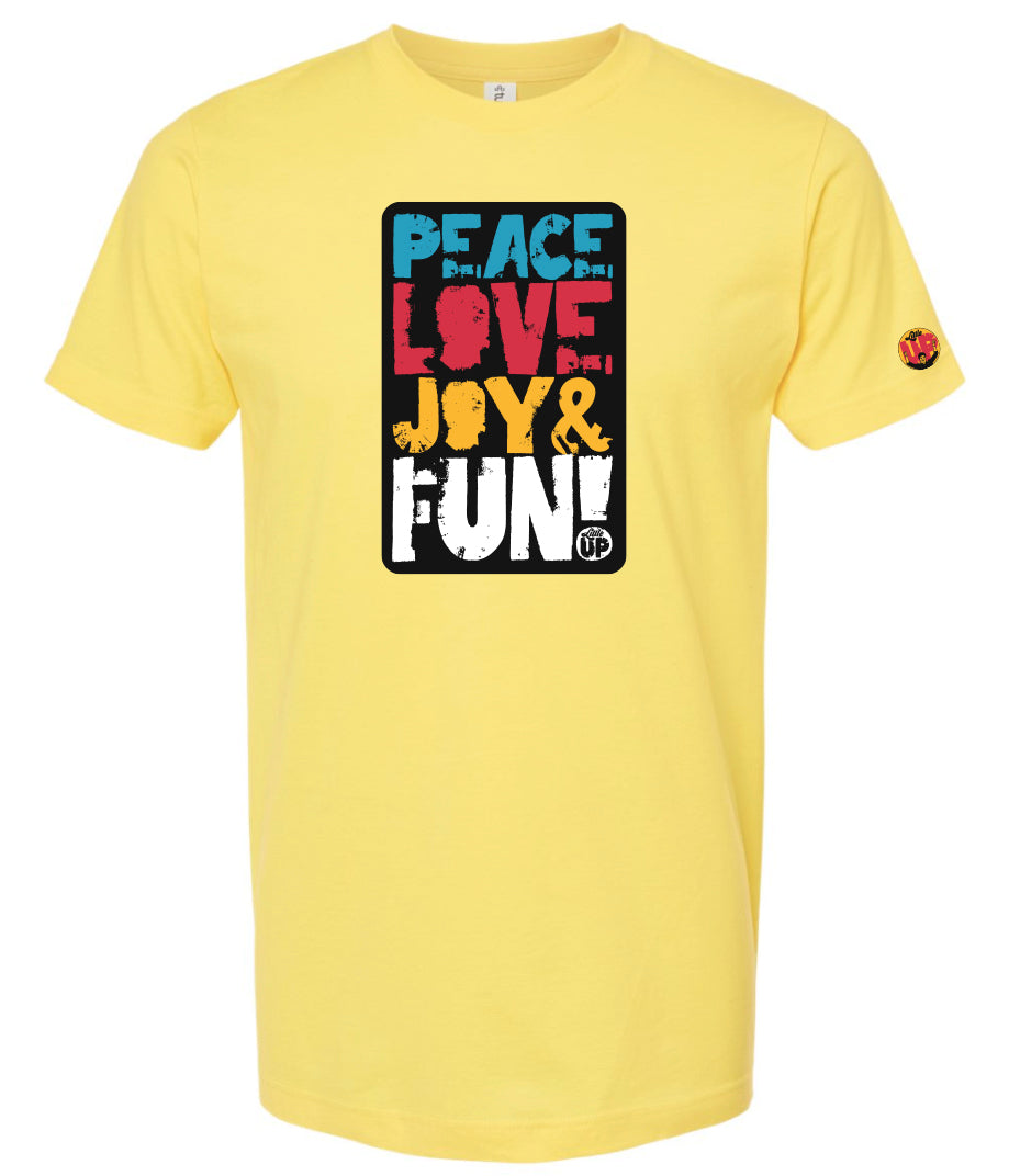 "PEACE LOVE JOY AND FUN!" in modern textured sans serif font in blue, red, golden yellow and white on black rectangle big on yellow t-shirt on white background