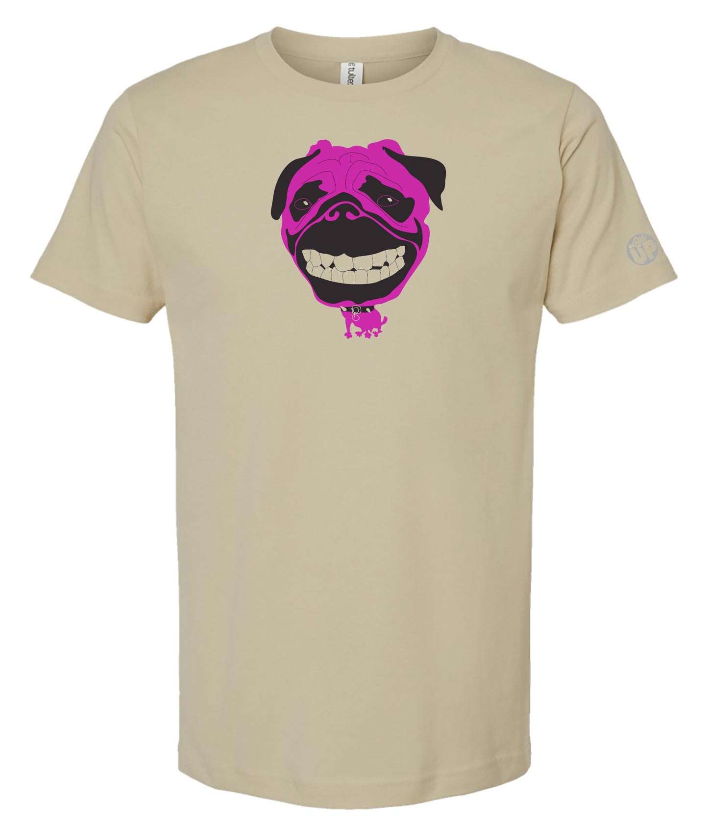 Beige t-shirt with a graphic of a pug wearing a pink helmet on a white background