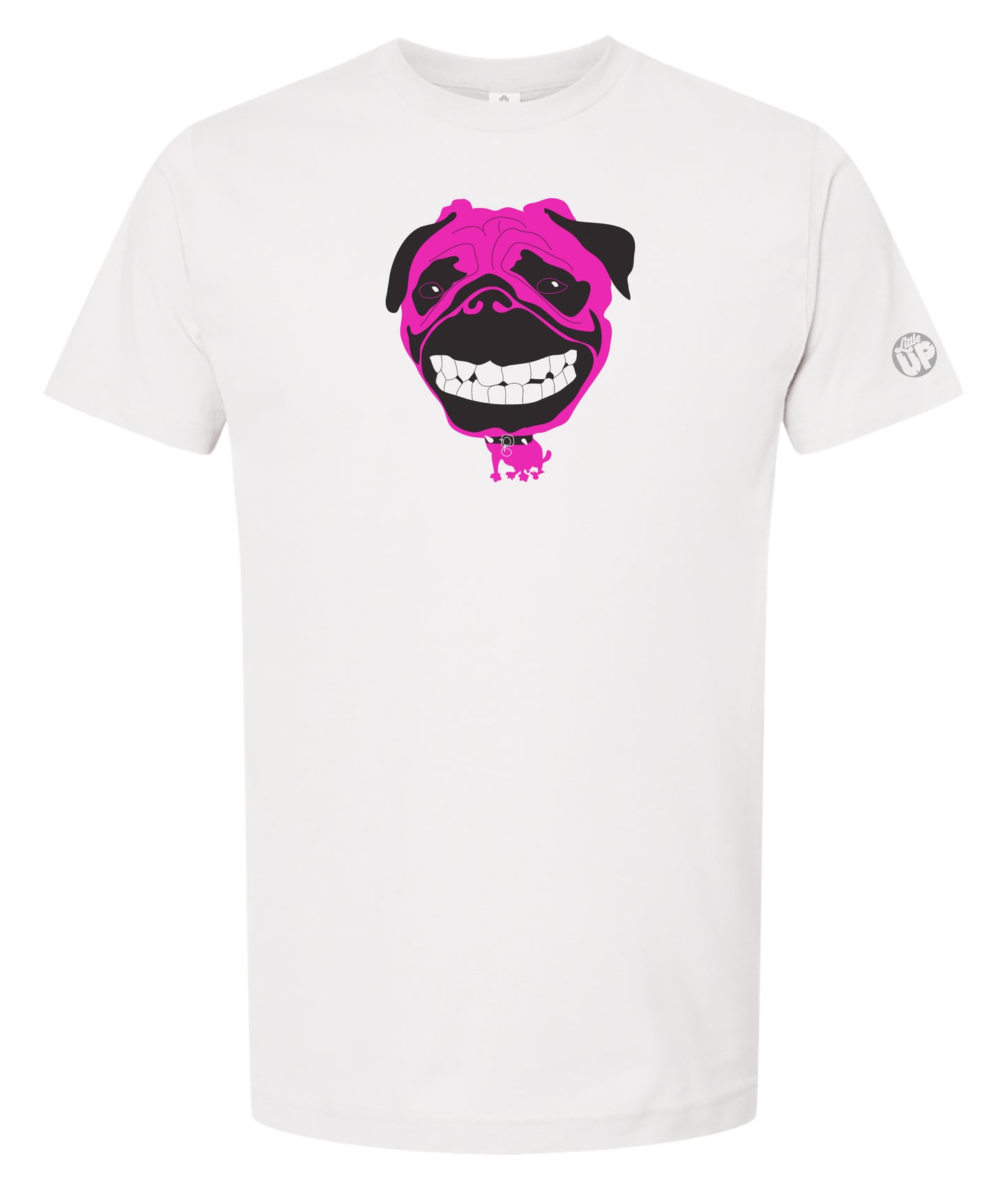 White t-shirt with a pink and black graphic design on a white background