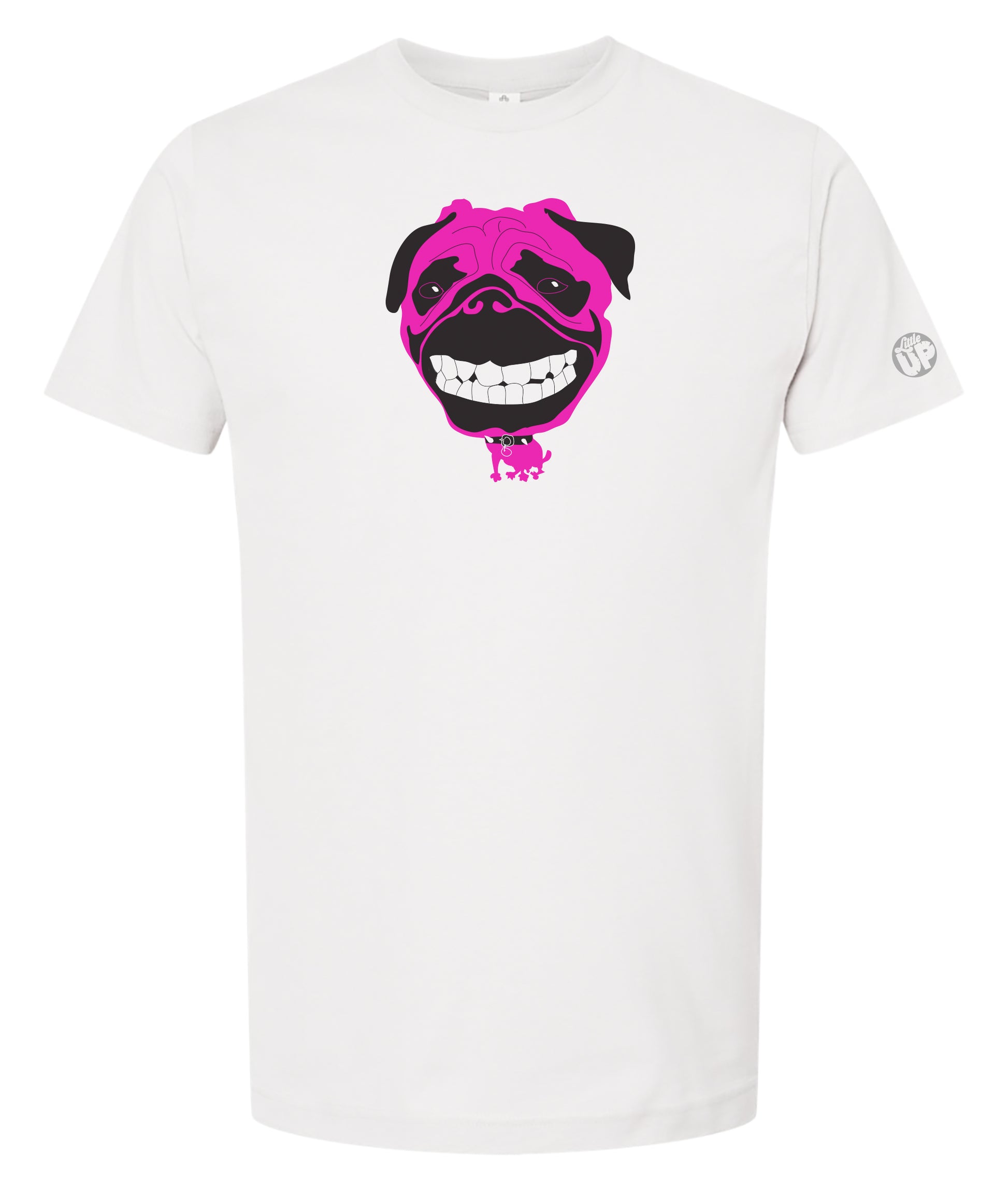 White t-shirt with a pink and black graphic design on a white background