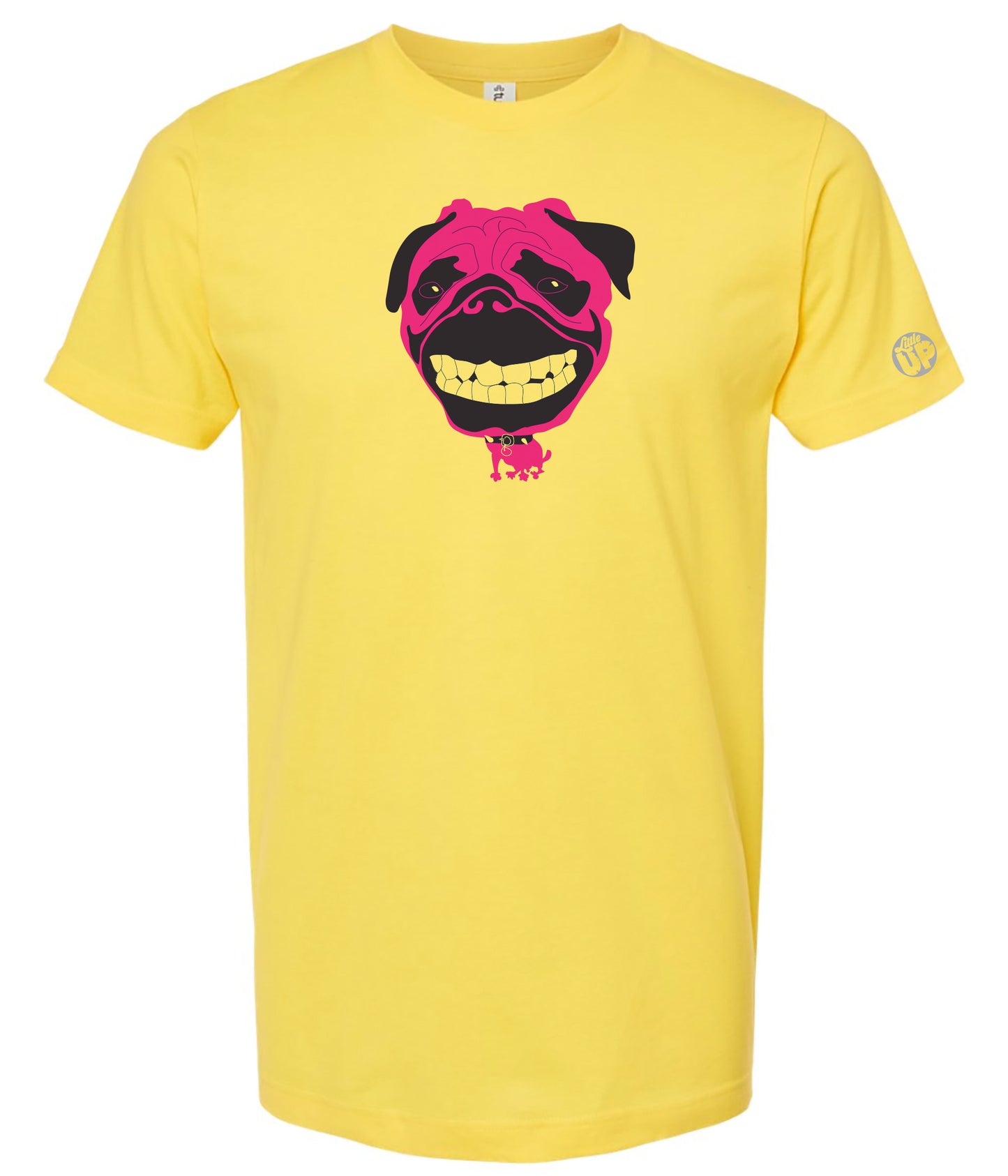 Yellow t-shirt with a pink and black graphic design on a white background