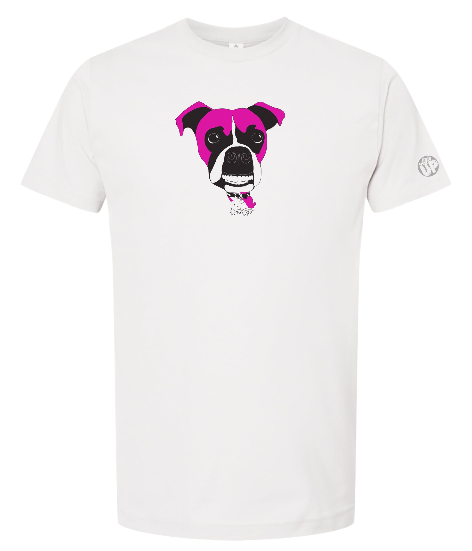 White t-shirt with a pink Boxer dog graphic on a white background