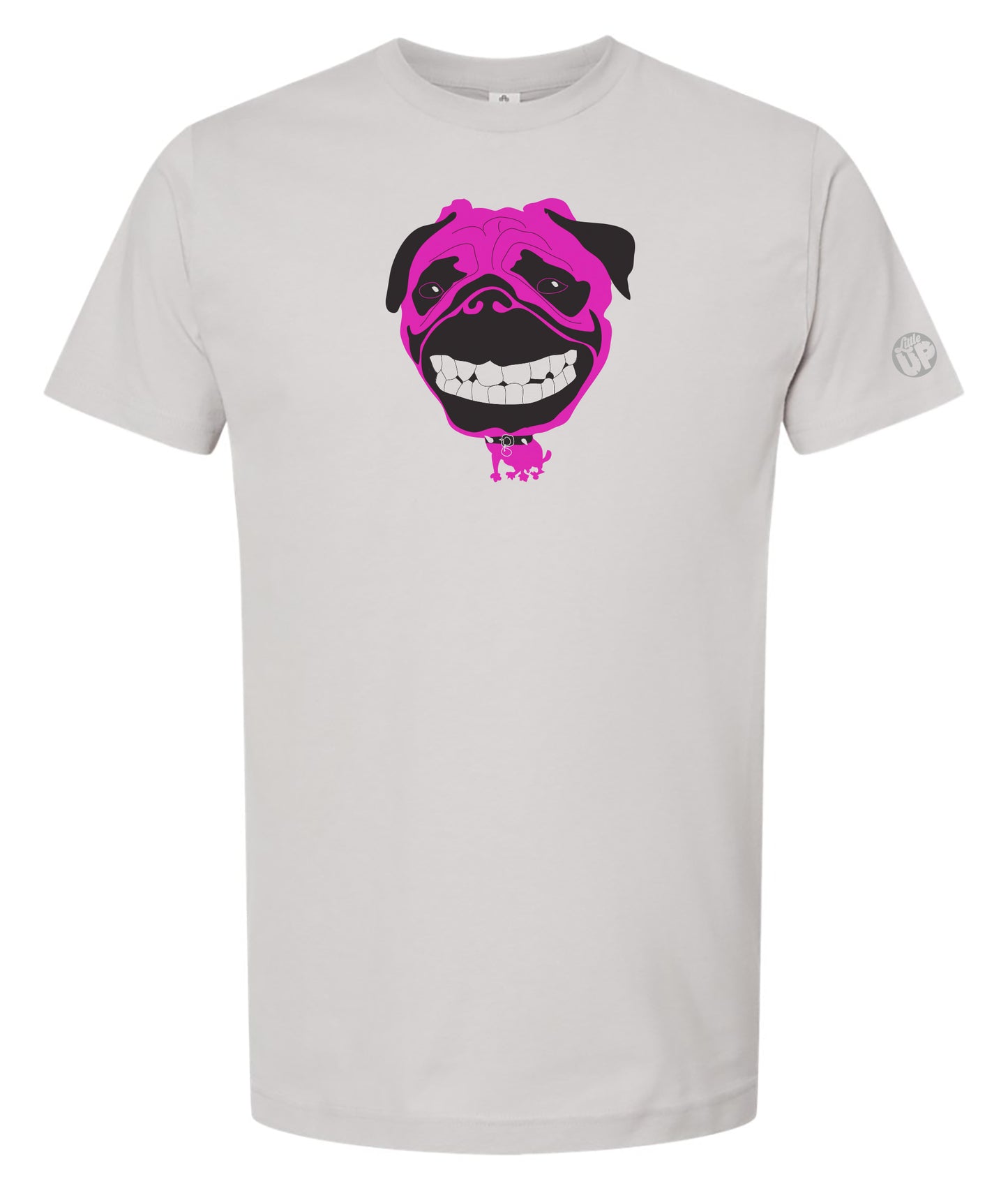 Gray t-shirt with a black and pink graphic of a dog wearing goggles on a white background