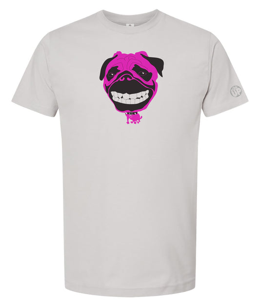 Gray t-shirt with a black and pink graphic of a dog wearing goggles on a white background