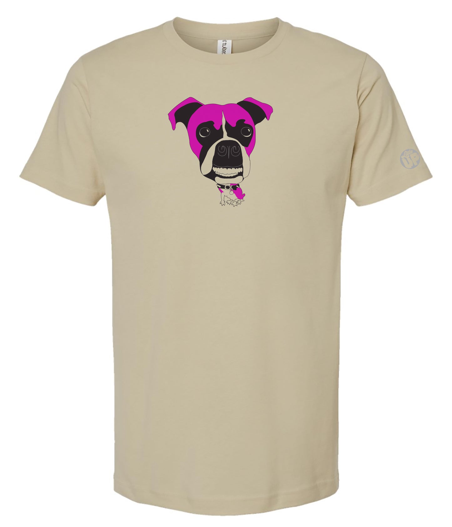 Beige t-shirt with a pink Boxer dog graphic on a white background