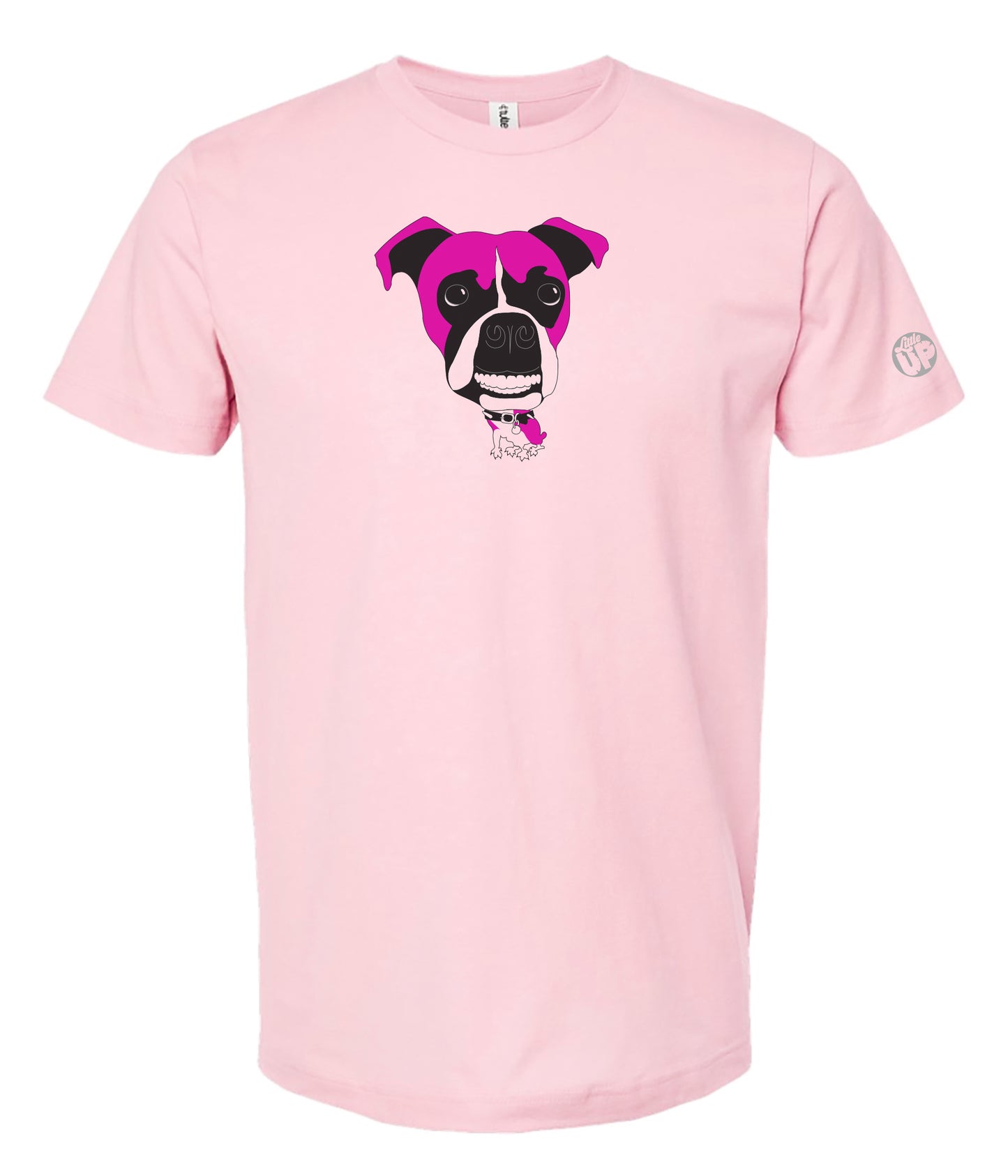 Pink t-shirt with a pink Boxer dog graphic on a white background