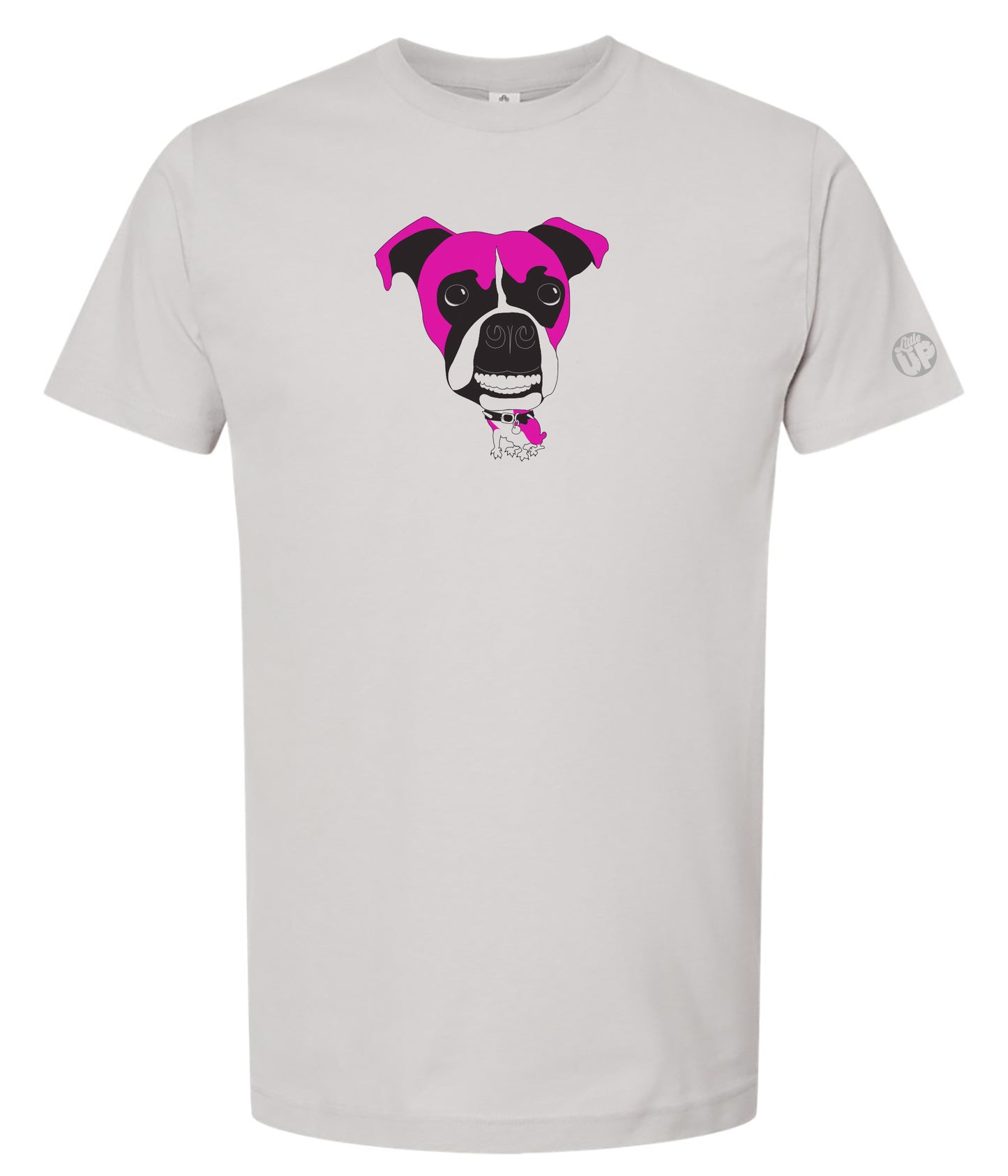 Light gray t-shirt with a pink Boxer dog graphic on a white background