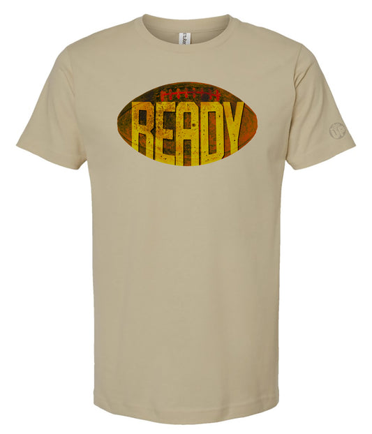 Beige t-shirt with 'READY' graphic design on a white background