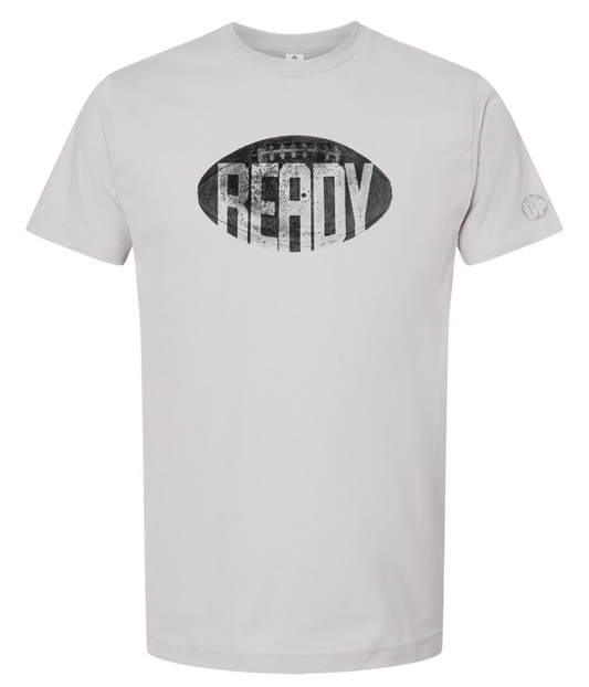 Gray t-shirt with 'READY' graphic on a white background
