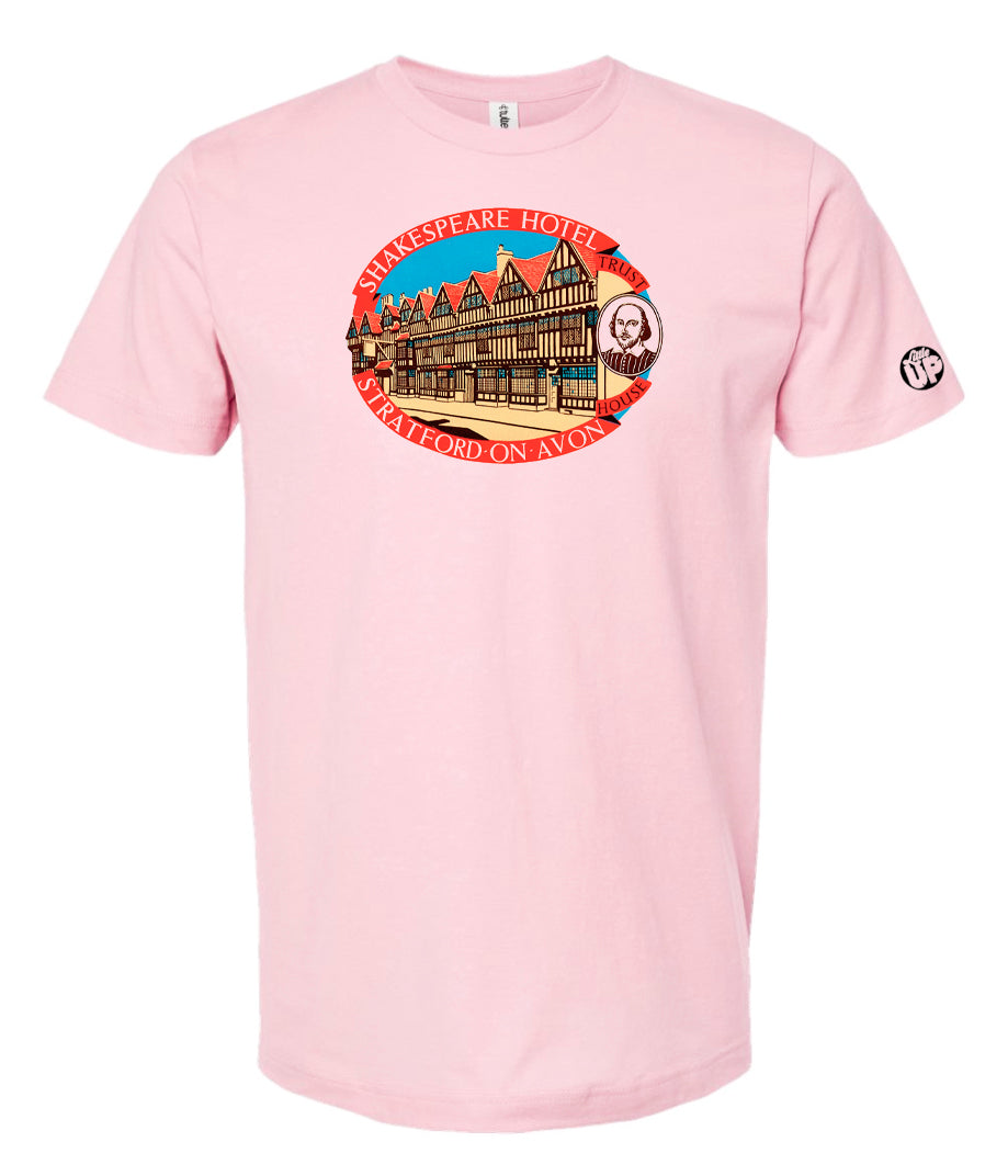 horizontal oval vintage illustration of the Shakespeare Hotel in red, teal, tan and black on pink t-shirt on white background