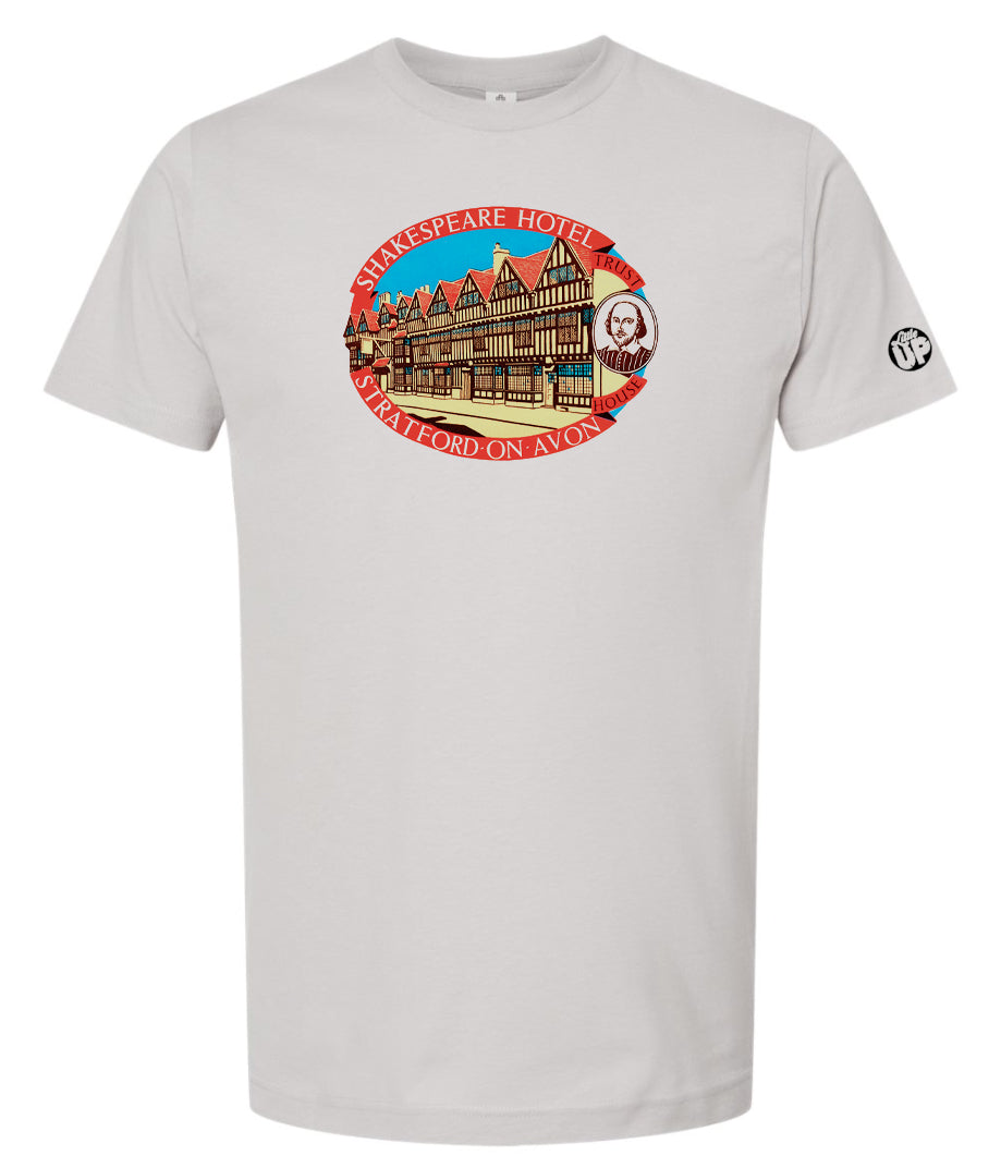 horizontal oval vintage illustration of the Shakespeare Hotel in red, teal, tan and black on light gray t-shirt on white background