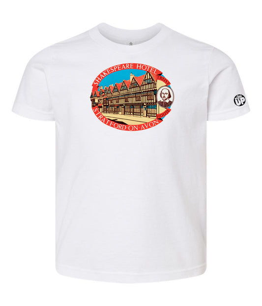 horizontal oval vintage illustration of the Shakespeare Hotel in red, teal, tan and black on white t-shirt on white background