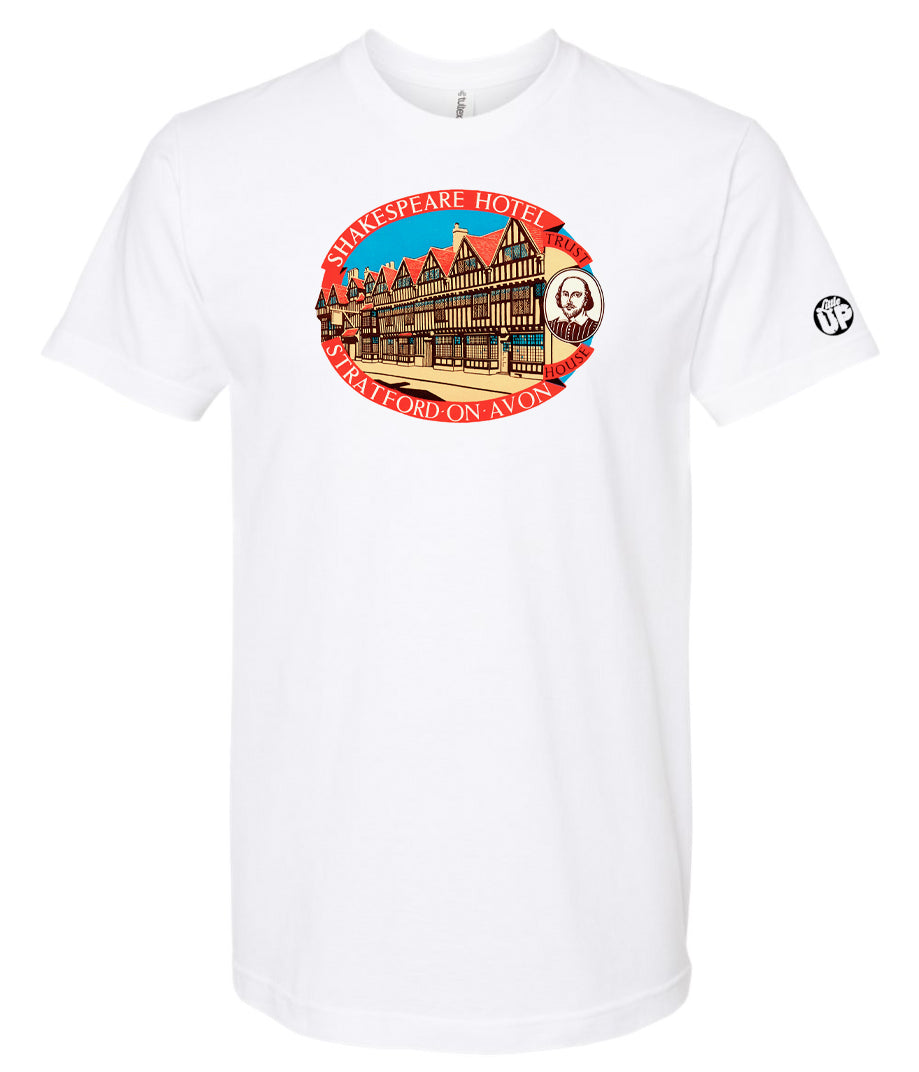 horizontal oval vintage illustration of the Shakespeare Hotel in red, teal, tan and black on white t-shirt on white background