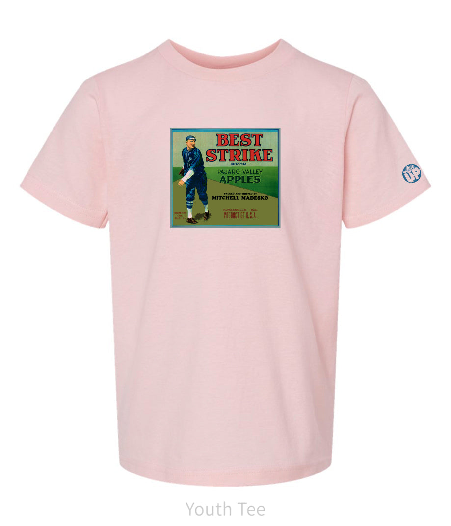 vintage packaging with baseball player on pink youth t-shirt