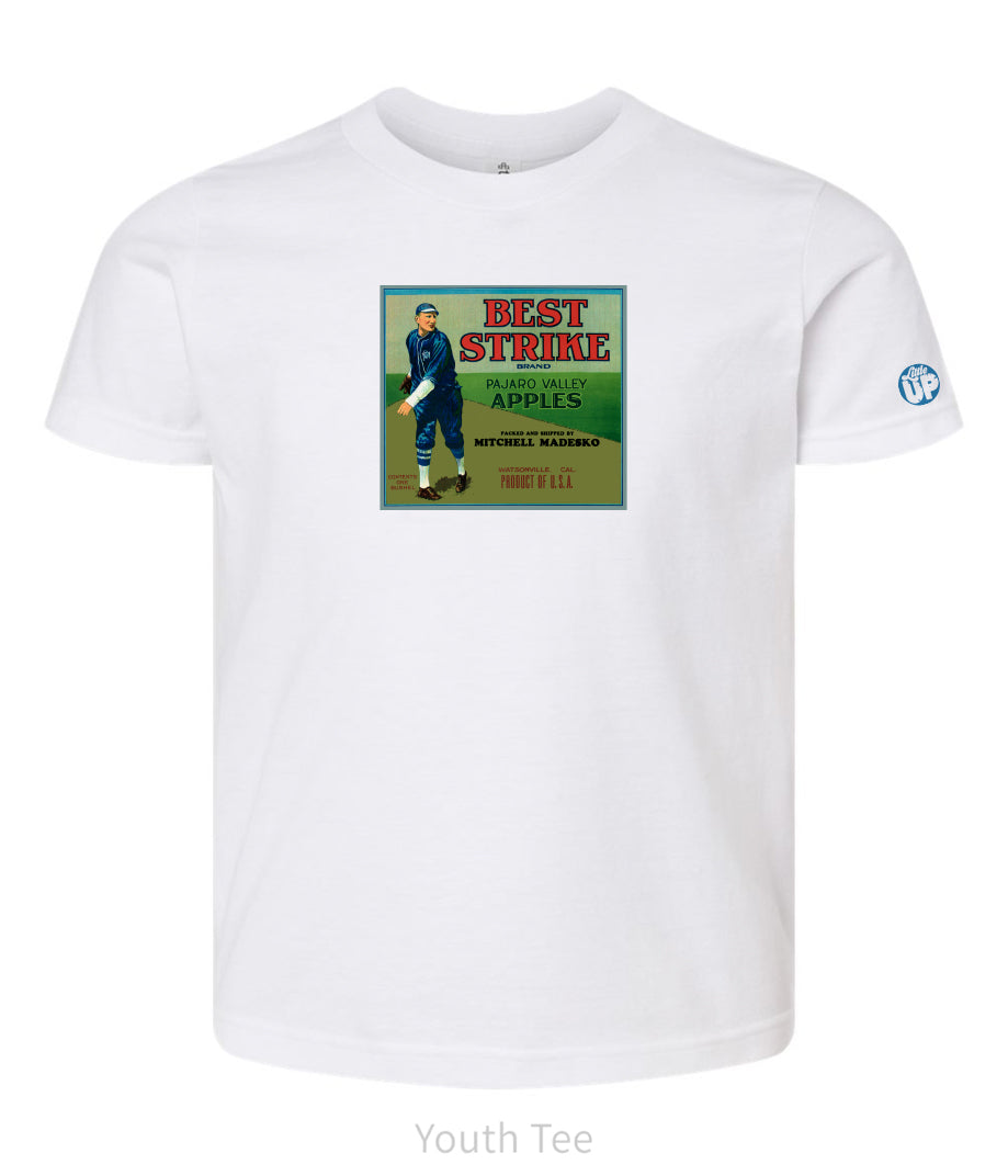 vintage packaging with baseball player on white youth t-shirt