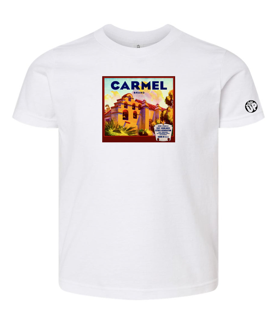 vintage "Carmel Brand" packaging graphic with old mission looking structure with terra cotta roof and stucco sides on white youth tee on white background