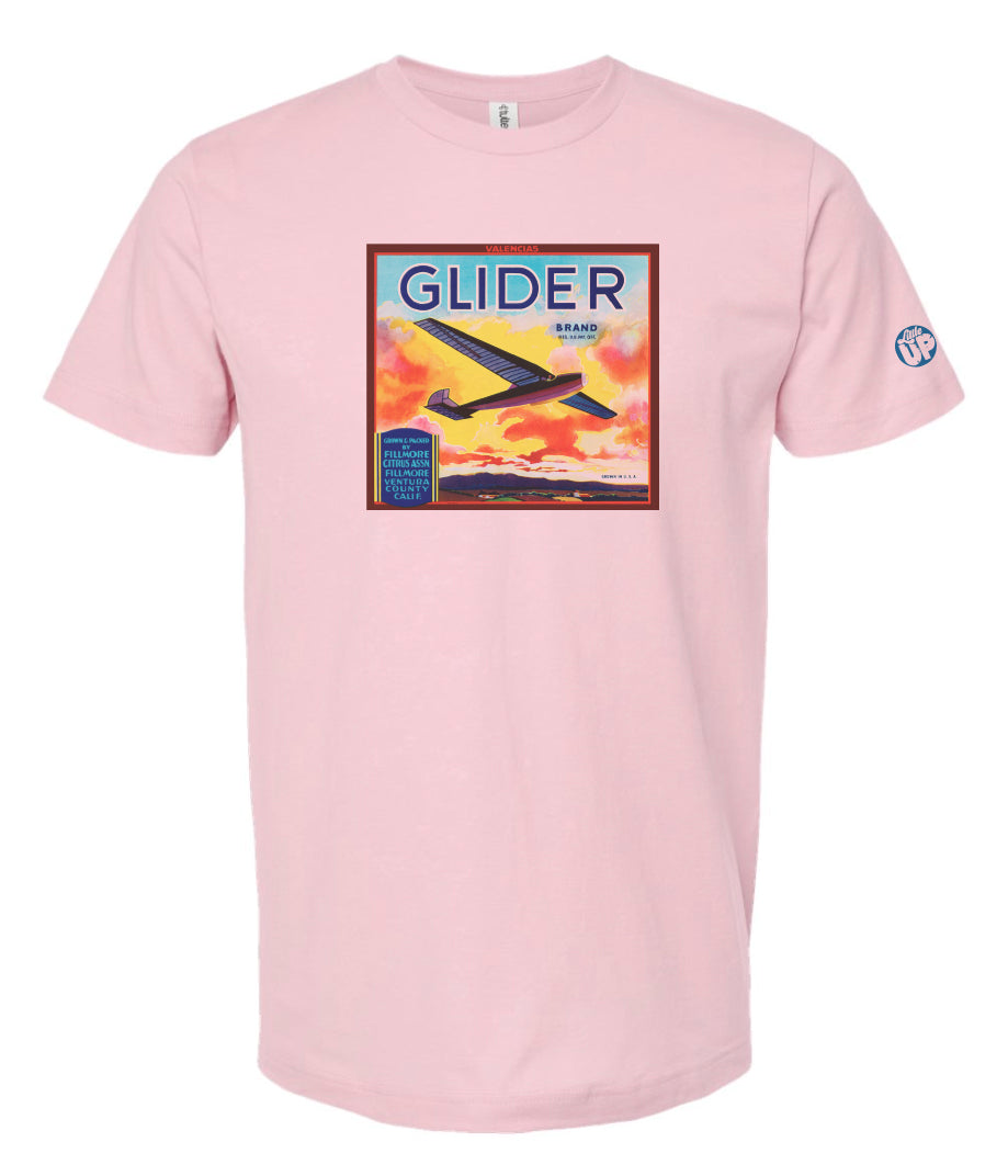 vintage packaging with glider plane and beautiful sunset over mountains on pink t-shirt
