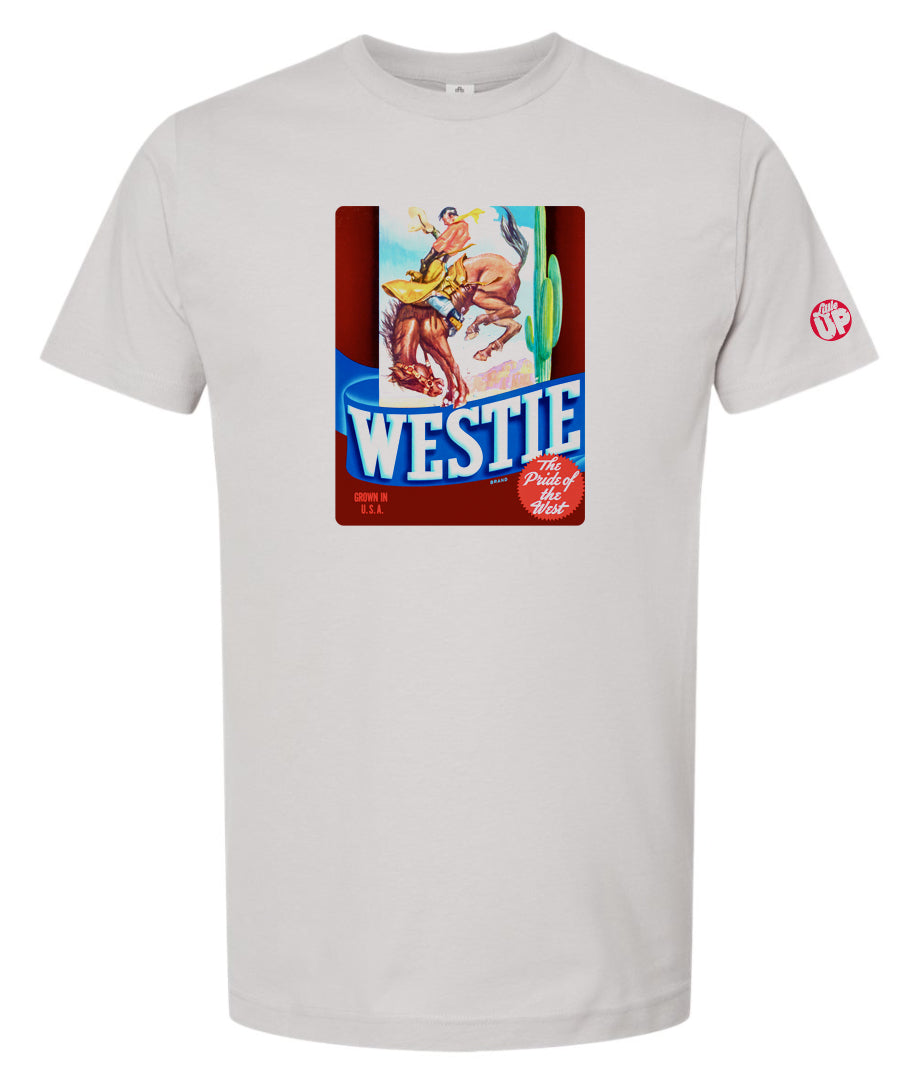 vintage graphic of cowboy riding bucking horse with "WESTIE" big at the bottom, on light gray t-shirt on white background