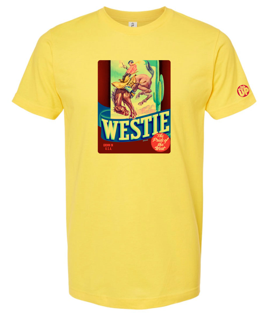 vintage graphic of cowboy riding bucking horse with "WESTIE" big at the bottom, on yellow t-shirt on white background