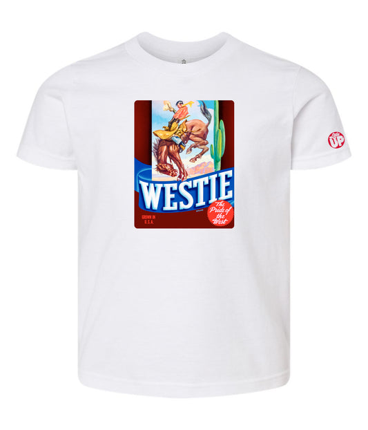 vintage graphic of cowboy riding bucking horse with "WESTIE" big at the bottom, on white youth t-shirt on white background